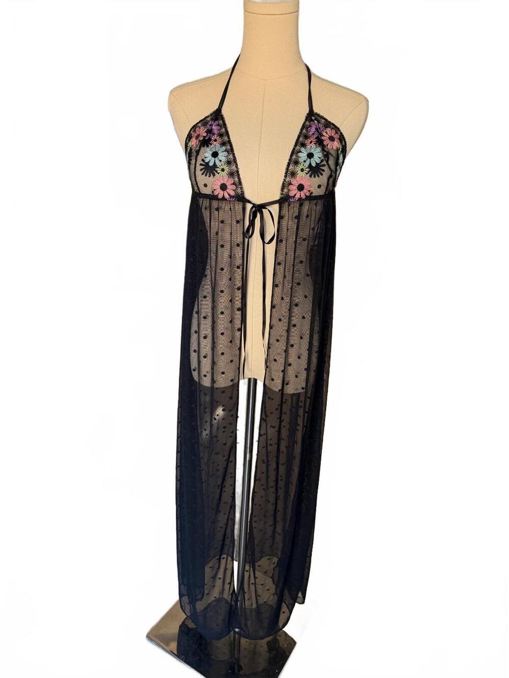 Savage X Fenty Black Sheer Polka Dot Mesh Maxi Lingerie Dress Floral Embroidered